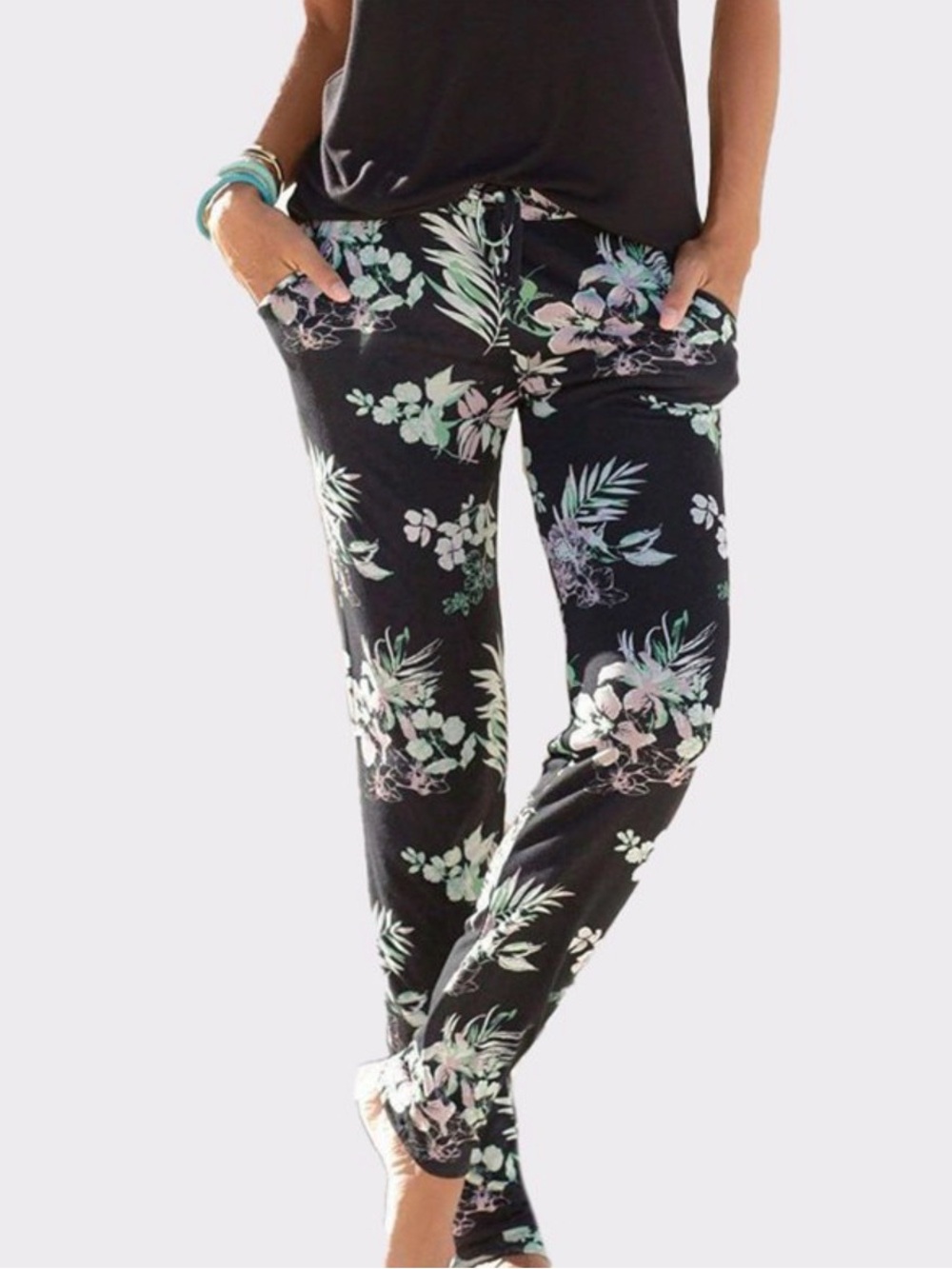 Lascana Black Floral Pull On Pants NWT 8 Beachy Resortwear Slouchy Boho Summer